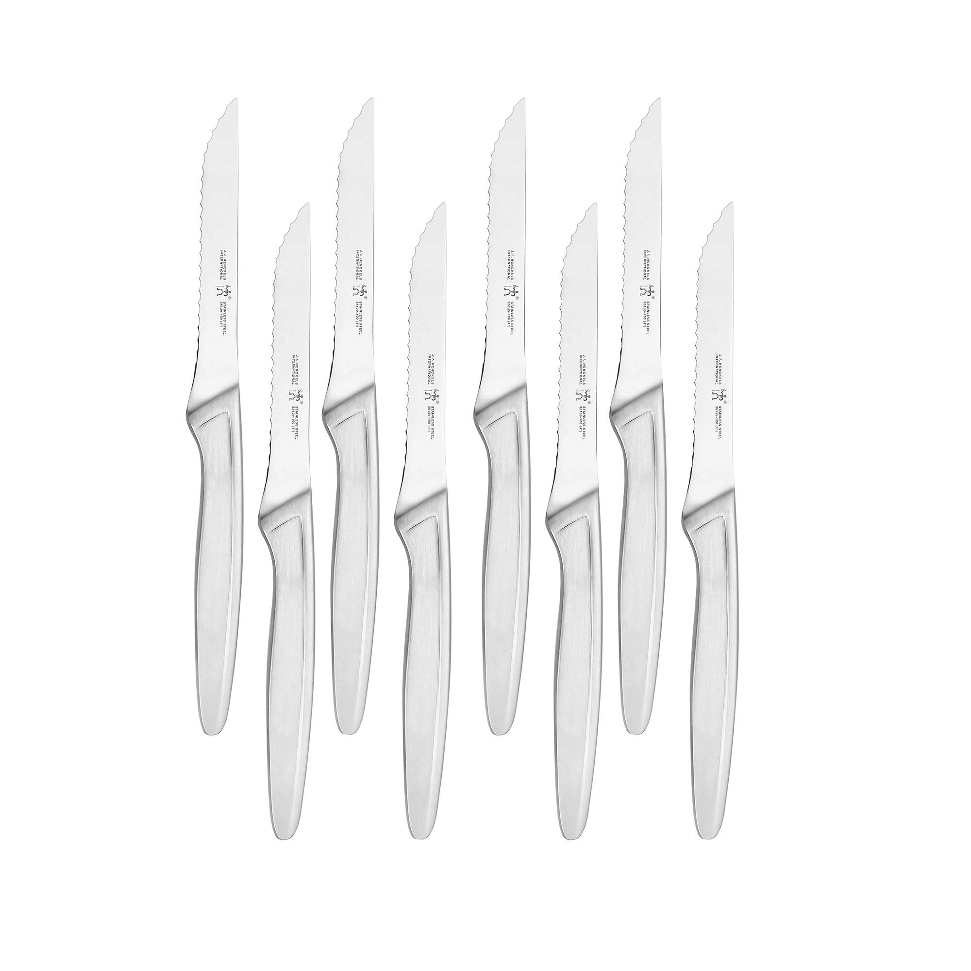 HENCKELS front view of the 8-piece steak knives set showing polished finish and table-ready style