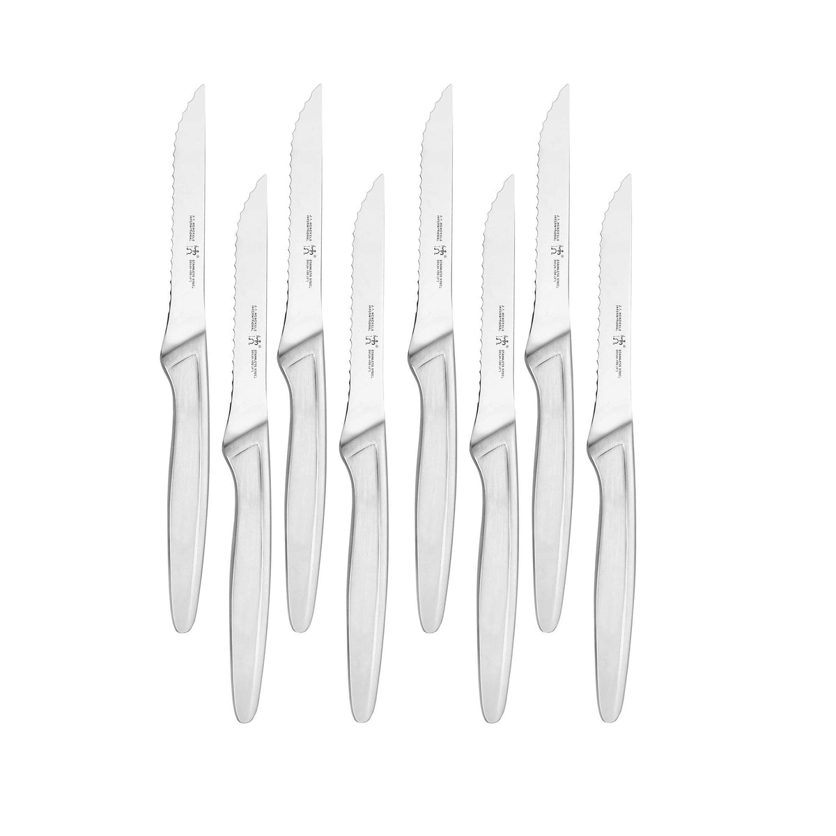 HENCKELS front view of the 8-piece steak knives set showing polished finish and table-ready style