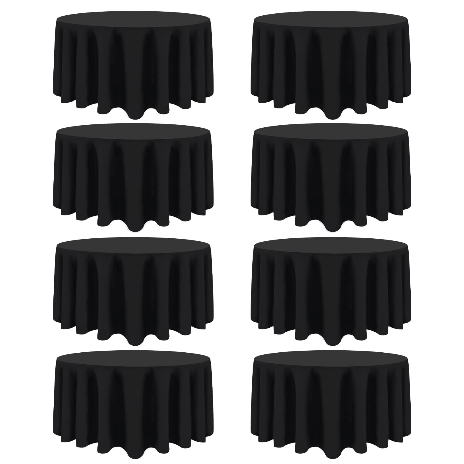 Heneger front packaging showing eight black round tablecloths for quick setup