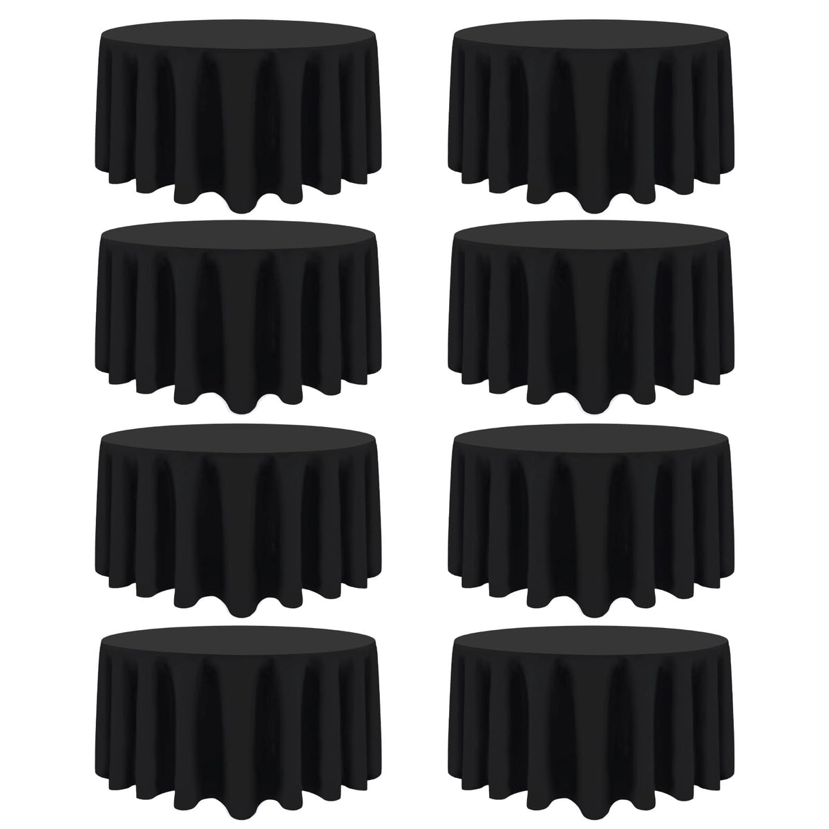 Heneger front packaging showing eight black round tablecloths for quick setup