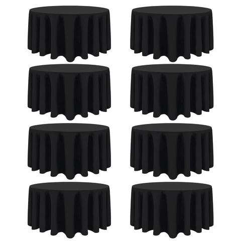 Heneger front packaging showing eight black round tablecloths for quick setup