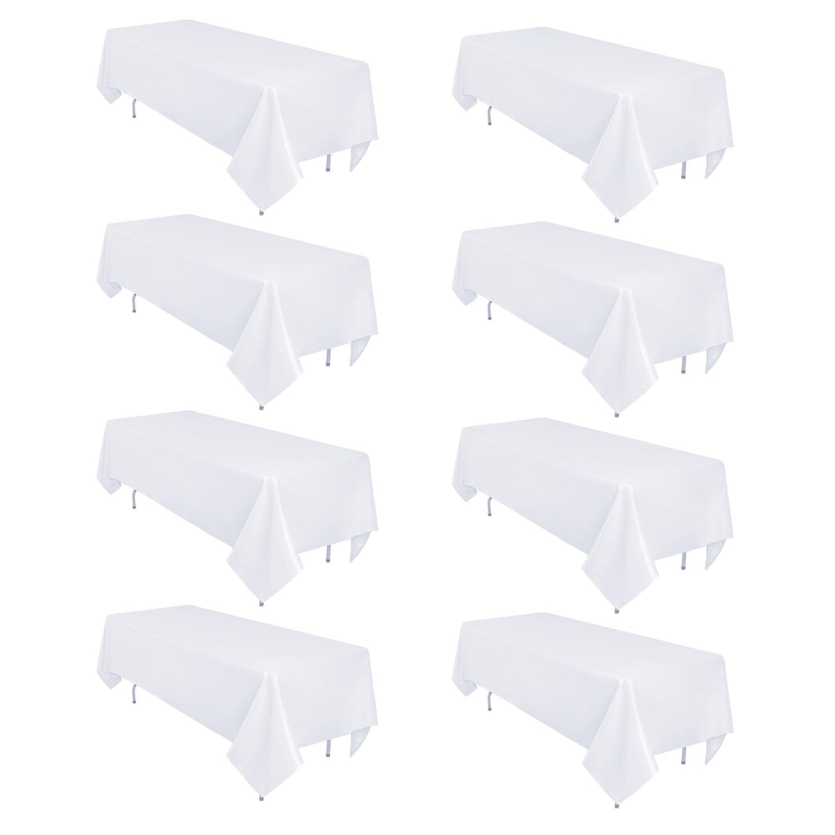 Heneger front pack showing eight white tablecloths and neat packaging for easy setup