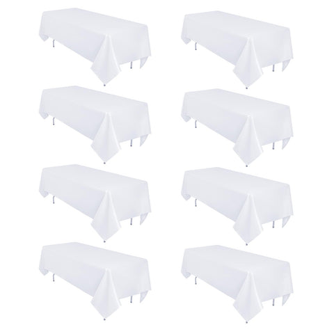 Heneger front pack showing eight white tablecloths and neat packaging for easy setup