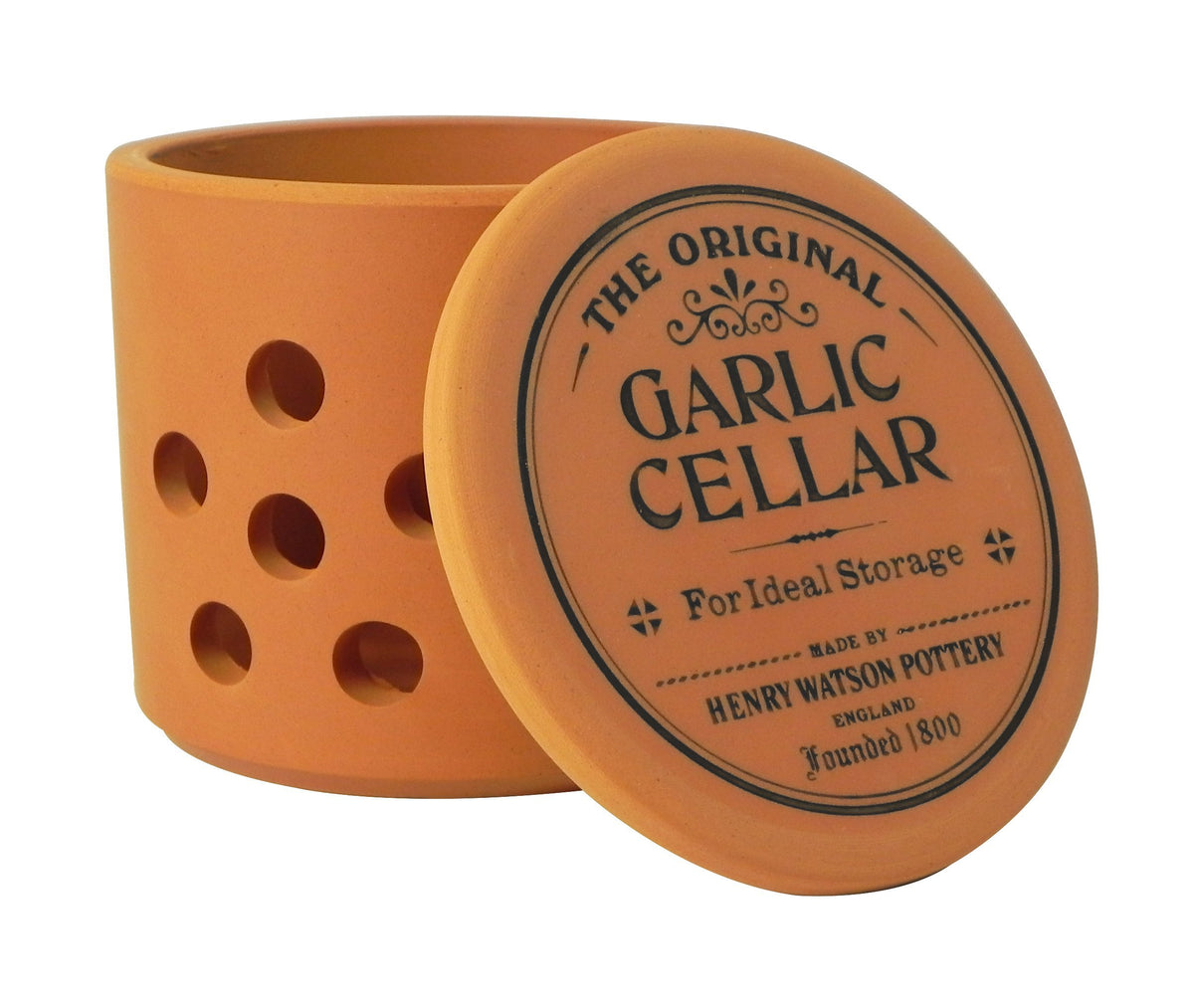 Henry Watson garlic keeper front view showing neat storage and easy access