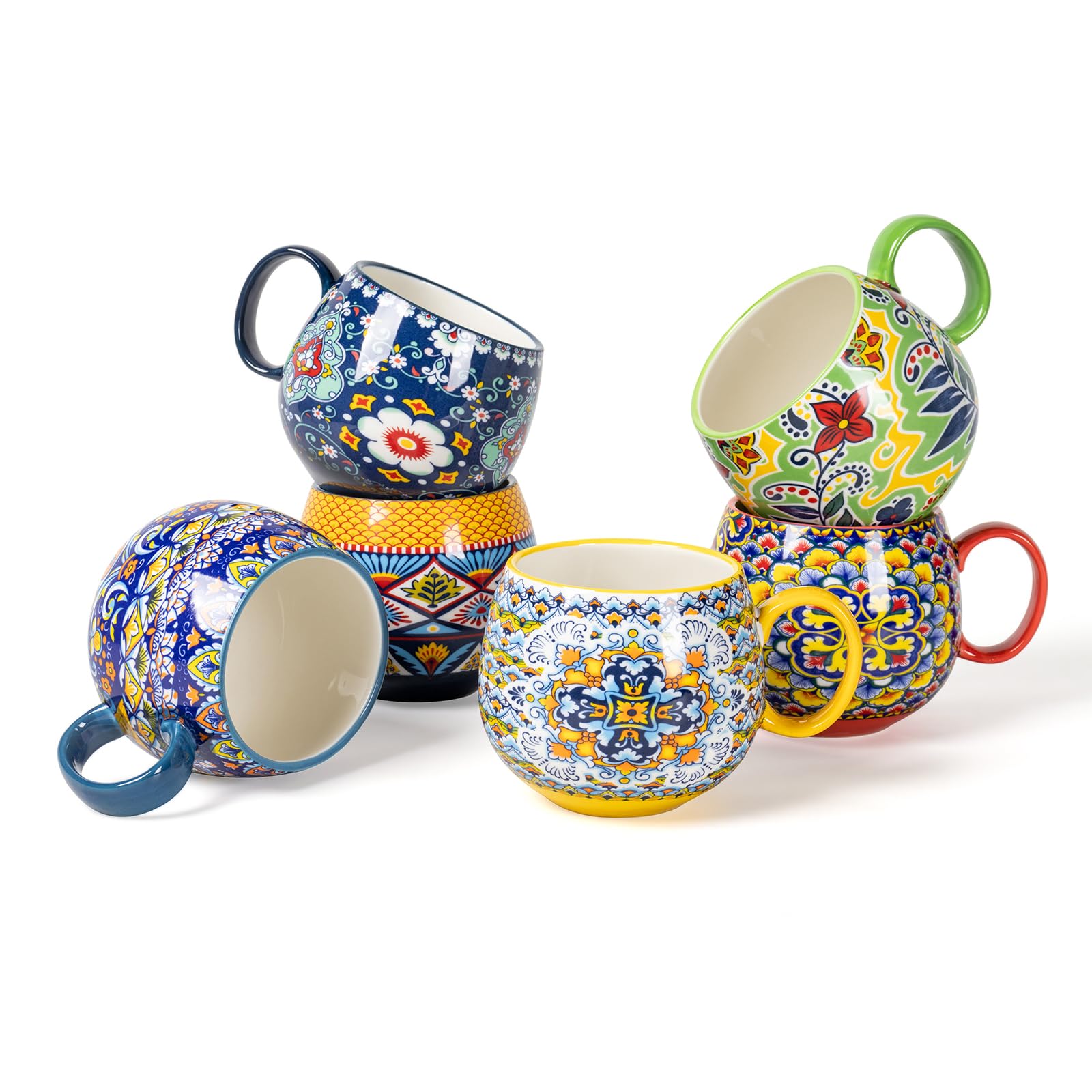 HENXFEN LEAD front view of six boho mugs showing colorful set — vibrant serving option