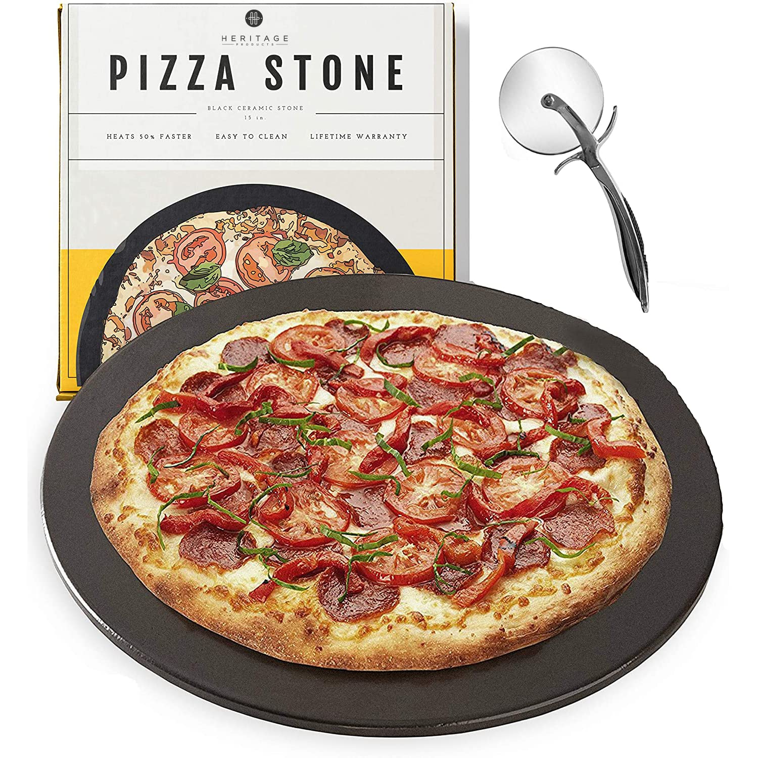 Heritage front view of packaged 15 inch pizza stone set showing ready-to-use benefit