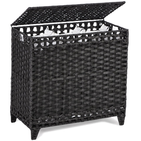 Hermina front view with lid closed showing tidy rattan finish and concealed laundry benefit