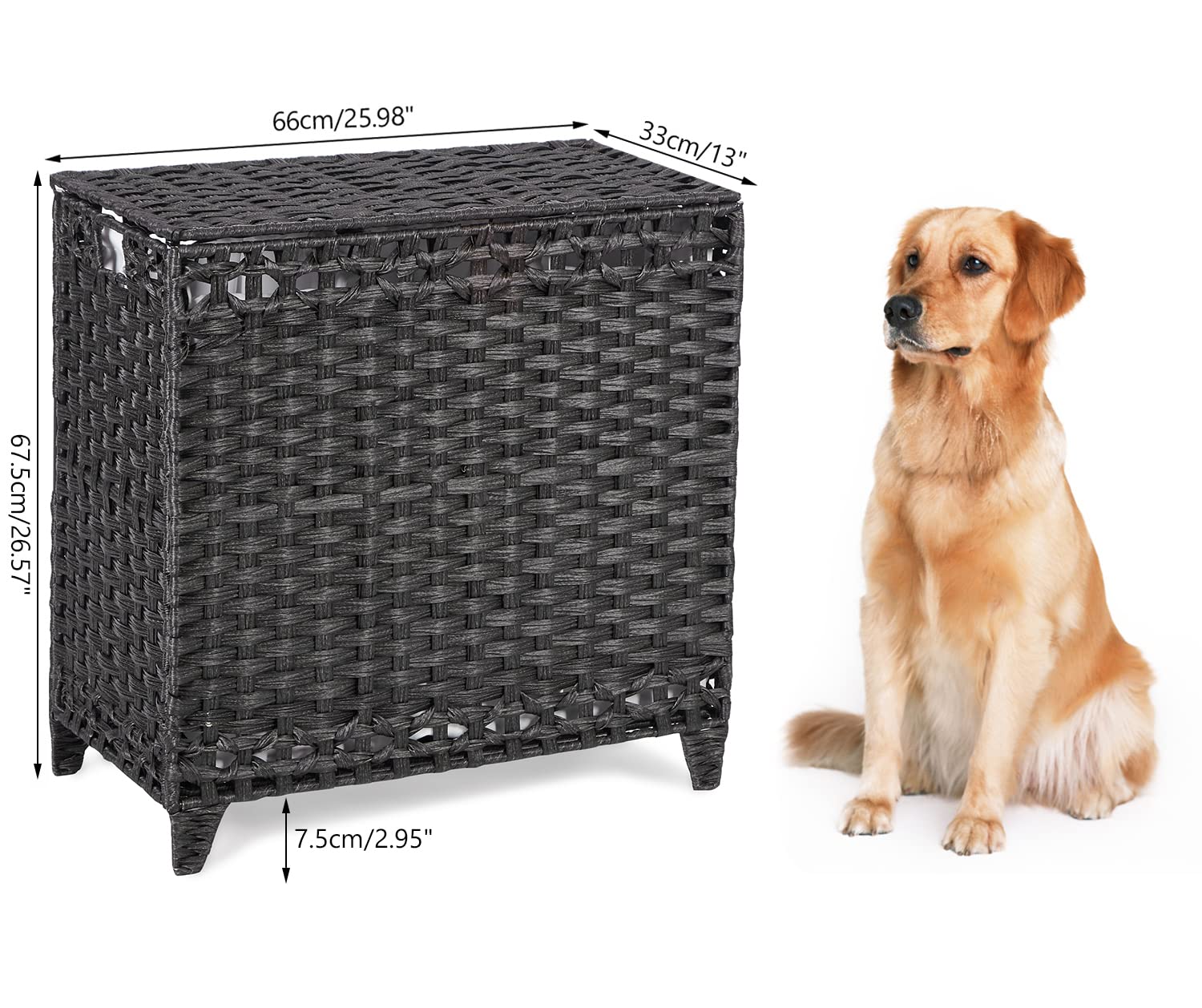 Hermina next to folded towel stack illustrating 132L capacity and space-saving advantage