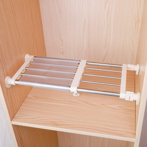 Hershii front view showing full tension shelf and rod, space-saving benefit