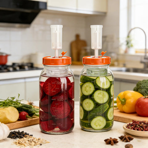 Hersolm jars styled in kitchen for easy batch-making and display
