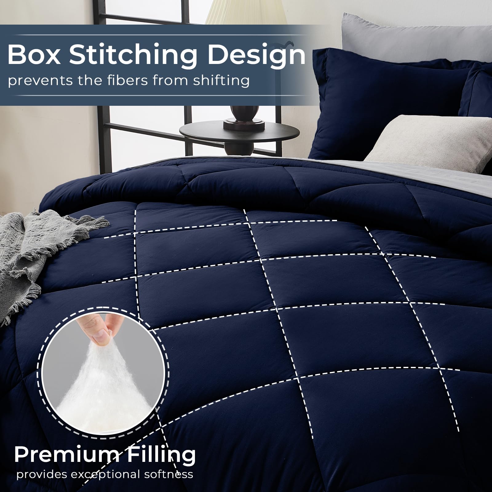 HEVUMYI baffle box stitching detail keeping fill even for lasting loft