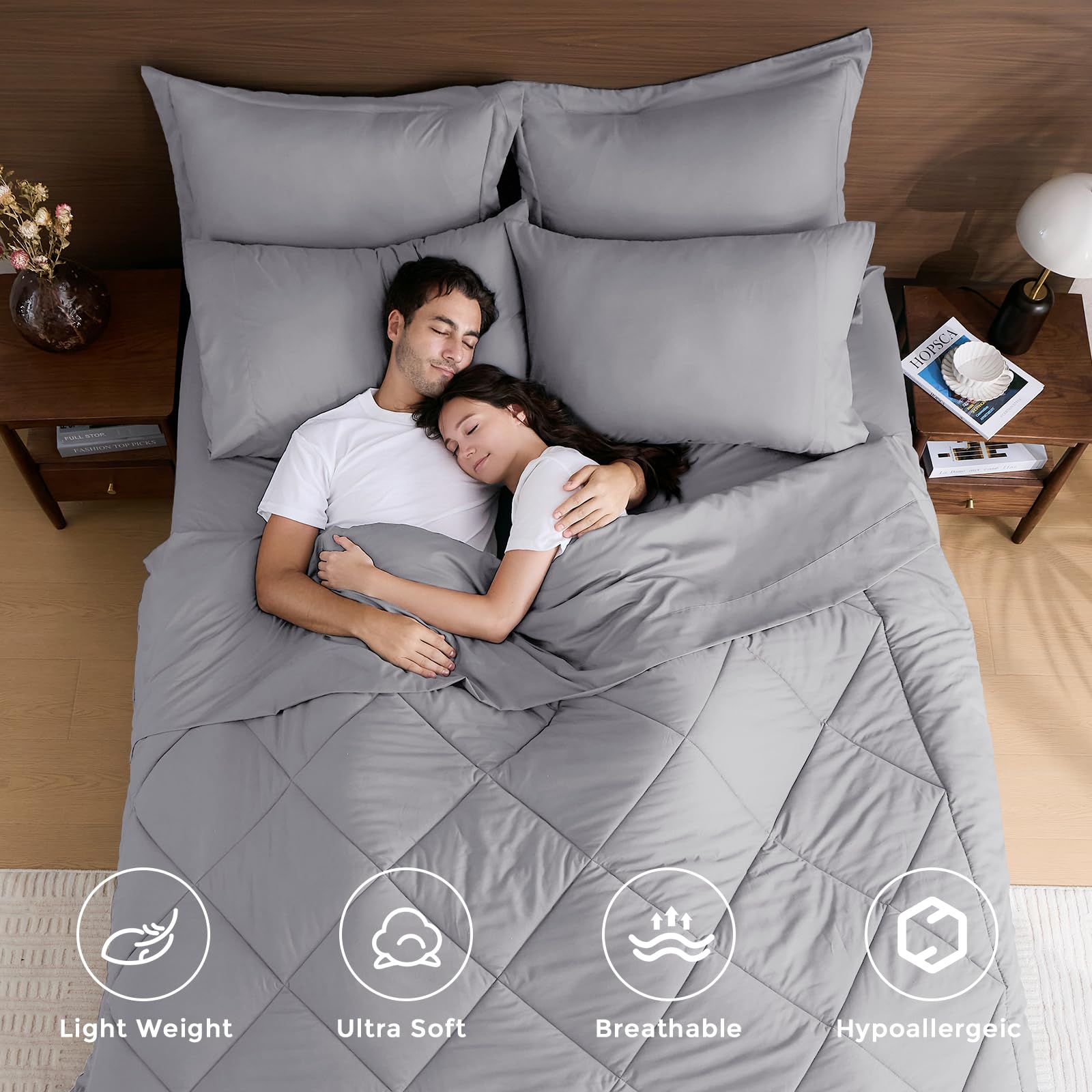 HEVUMYI close-up of comforter fabric showing plush microfiber texture for superior softness