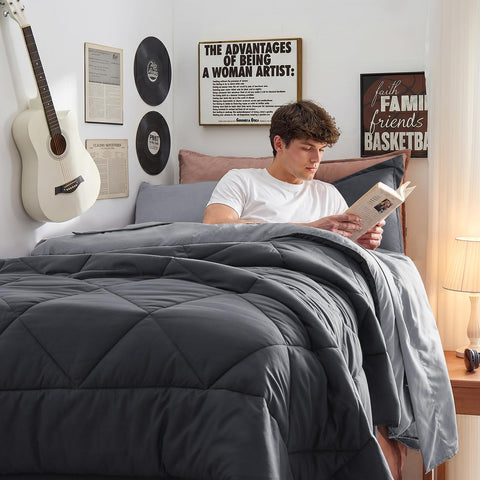 HEVUMYI flat sheet and pillowcase laid flat showing coordinated grey tones