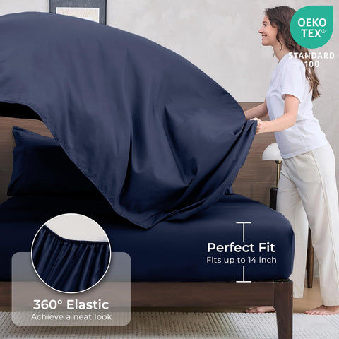 HEVUMYI folded flat sheet display showing smooth fabric and easy care benefit