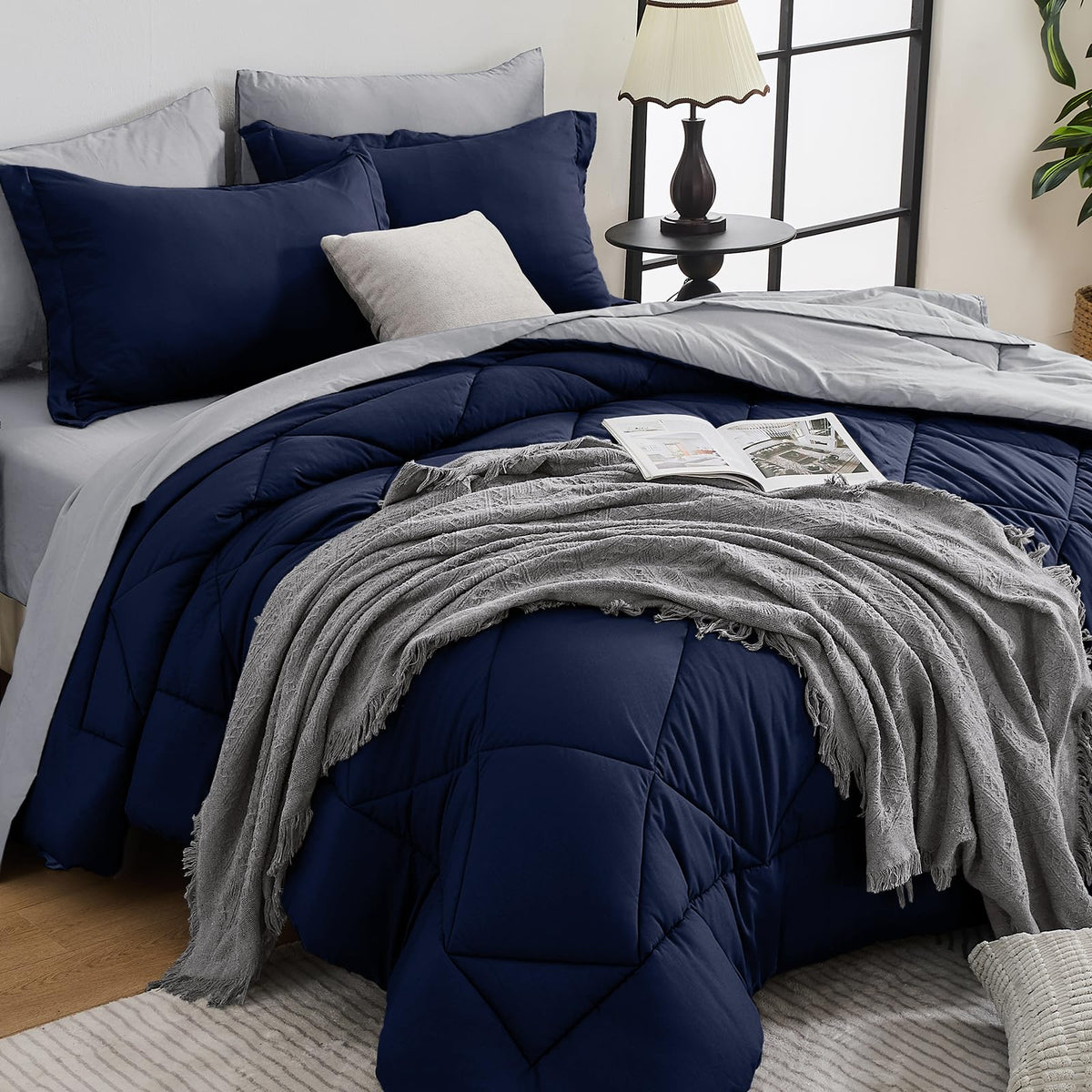 HEVUMYI front view of packaged comforter set showing complete contents and convenience