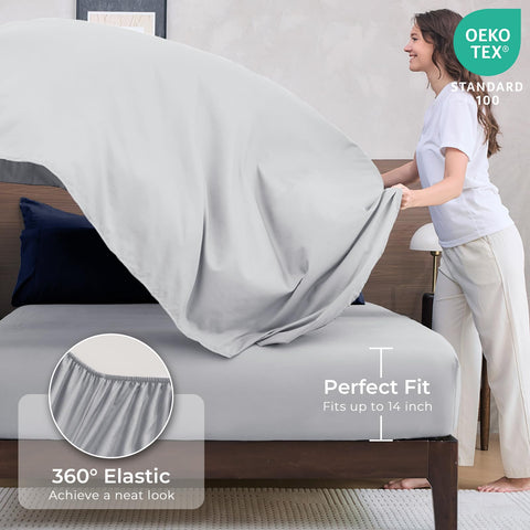 HEVUMYI fitted sheet deep pocket demonstrating 360° elastic fit for mattress security