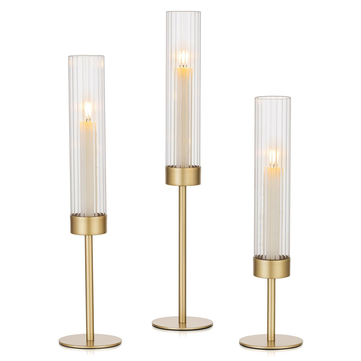 Hewory front view of three gold hurricane holders showing elegant tiered silhouette and balance