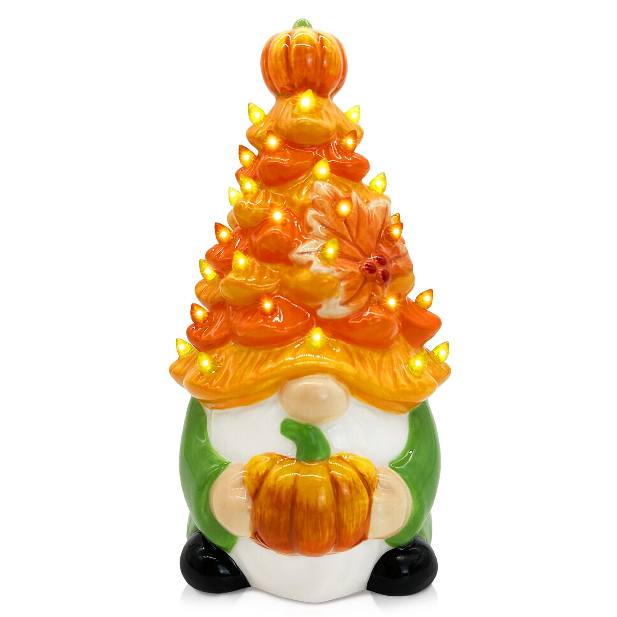 Hexagram front view of ceramic gnome tree showing bright orange color and shape, adds autumn cheer