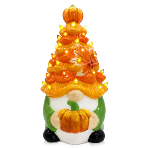 Hexagram front view of ceramic gnome tree showing bright orange color and shape, adds autumn cheer