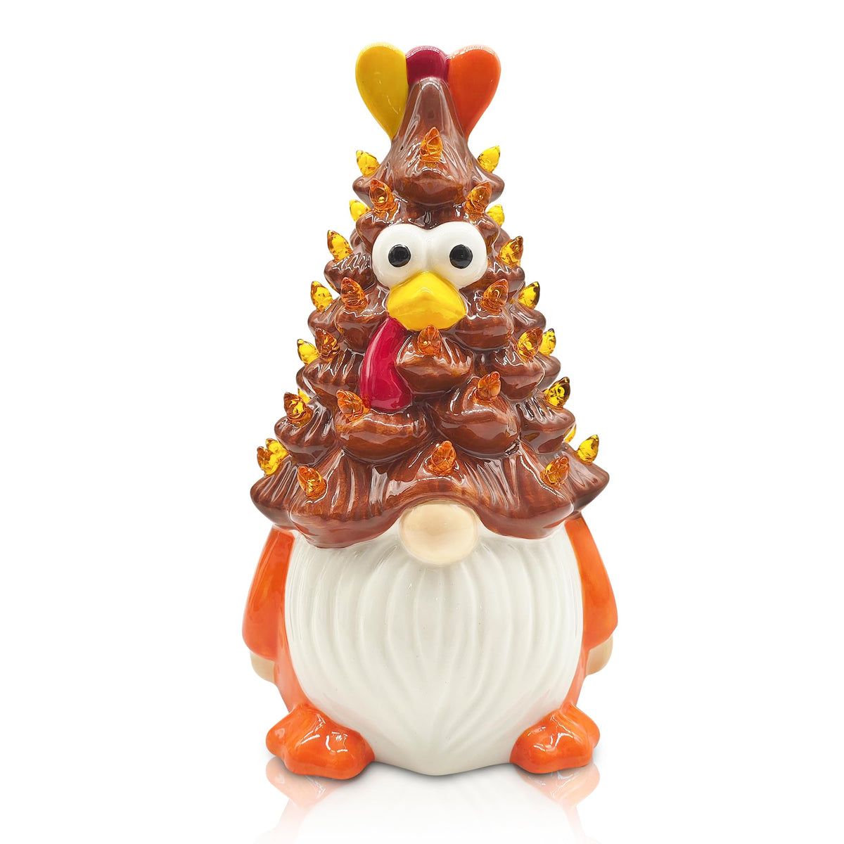 Hexagram ceramic tree front view showing gnome motif and festive charm