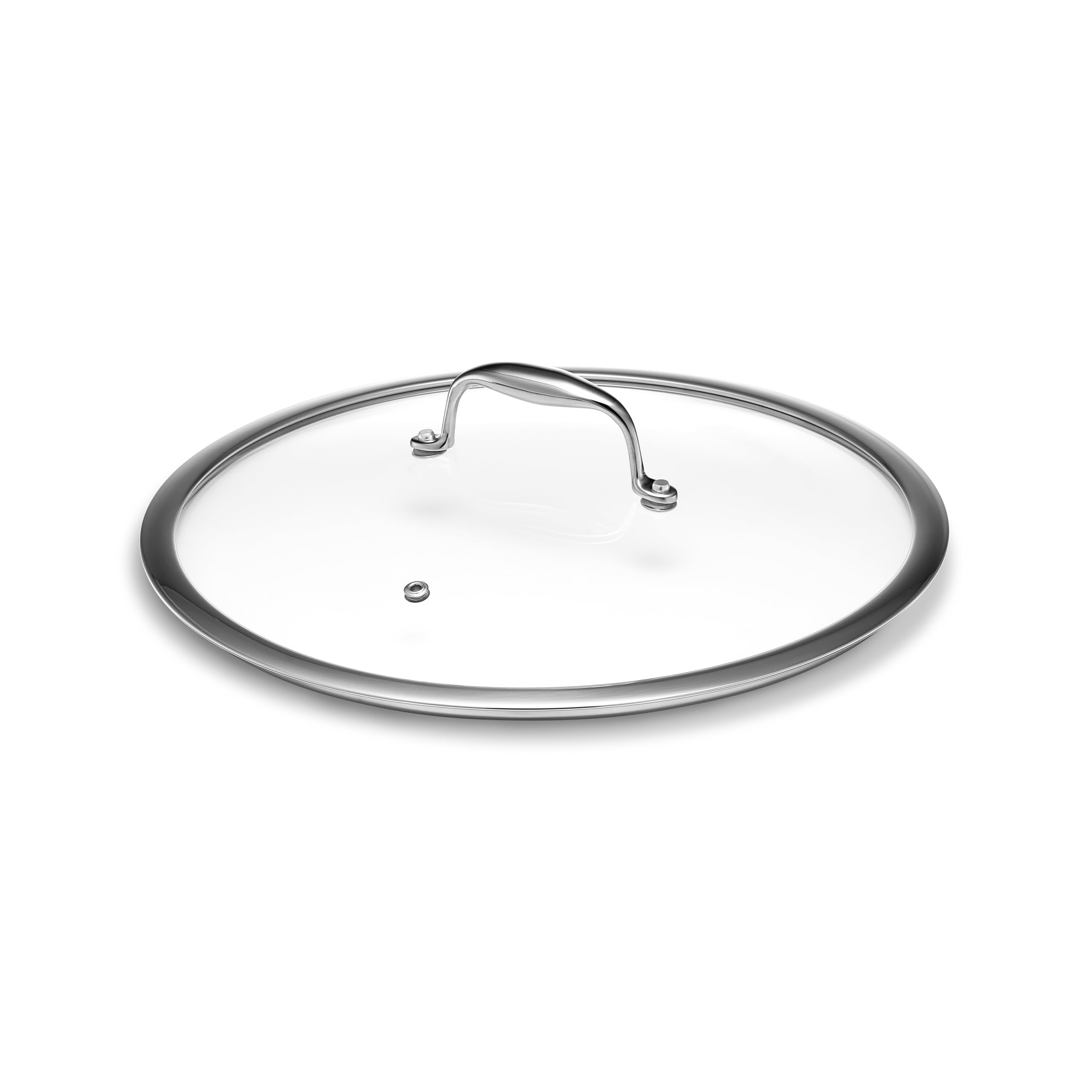 HexClad 12" lid front view showing clear glass and secure fit for quick monitoring