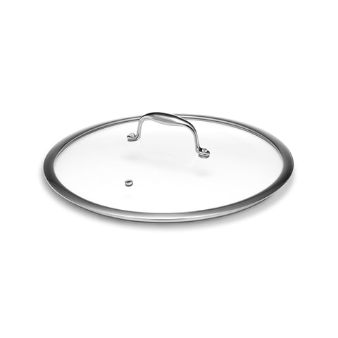 HexClad 12" lid front view showing clear glass and secure fit for quick monitoring