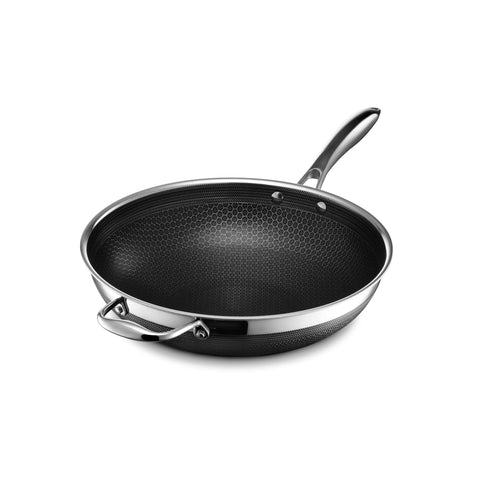 HexClad front view showing 12-inch wok and polished finish for even searing