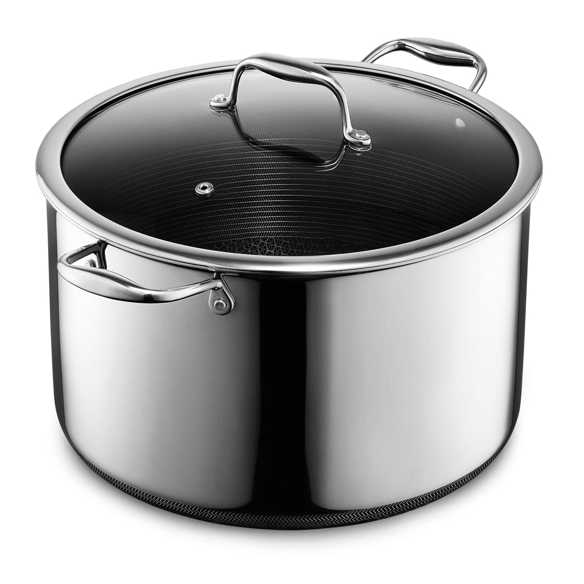 HexClad 12QT front view with glass lid showing capacity and durability