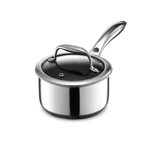HexClad 1QT saucier front view showing compact design for precise cooking
