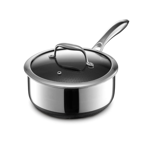 HexClad 3QT saucier front view with lid showing compact design and versatility