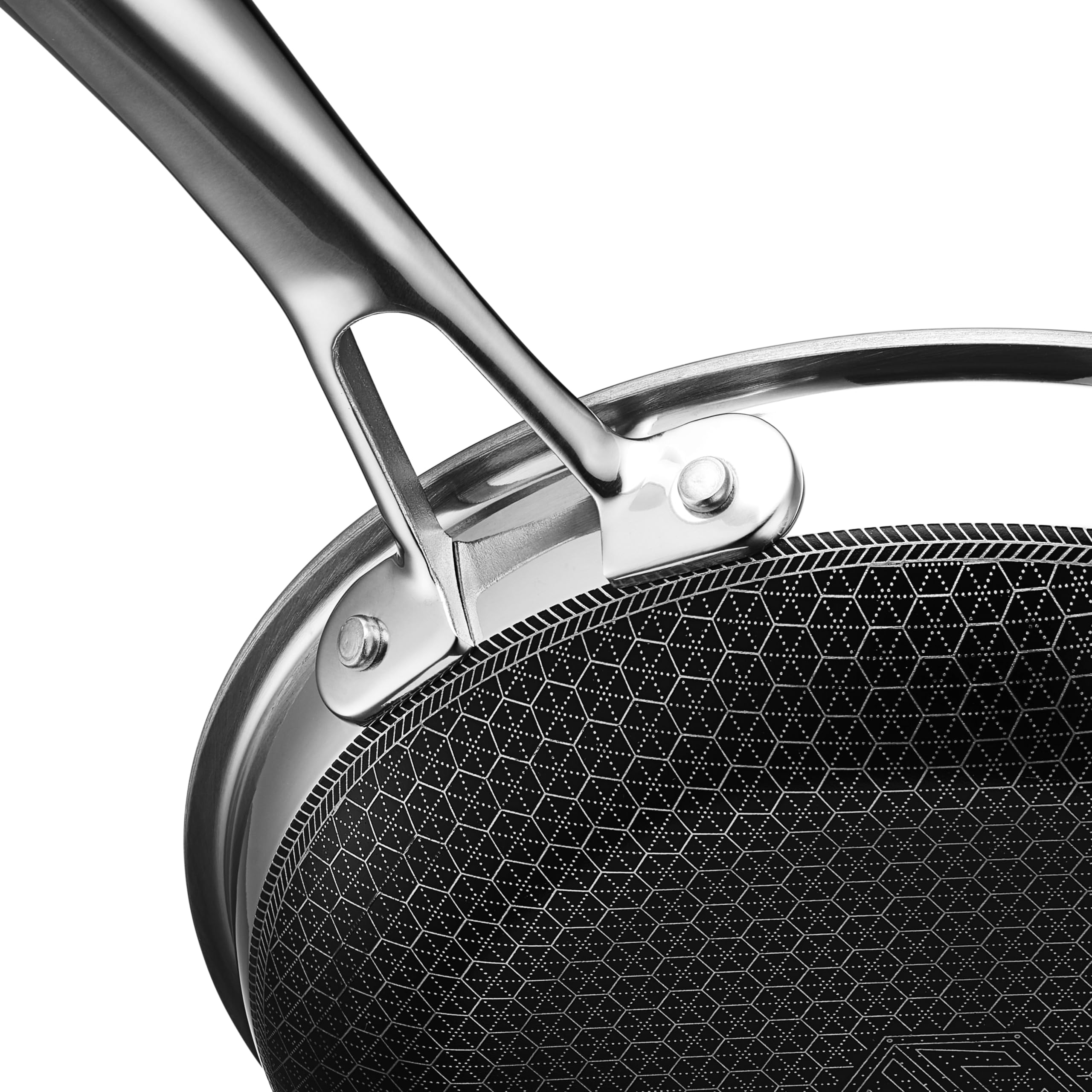 HexClad close-up of ergonomic handle and rivets for secure grip and control