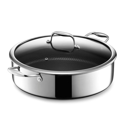 HexClad 7 qt sauté pan front with lid showing capacity and professional finish