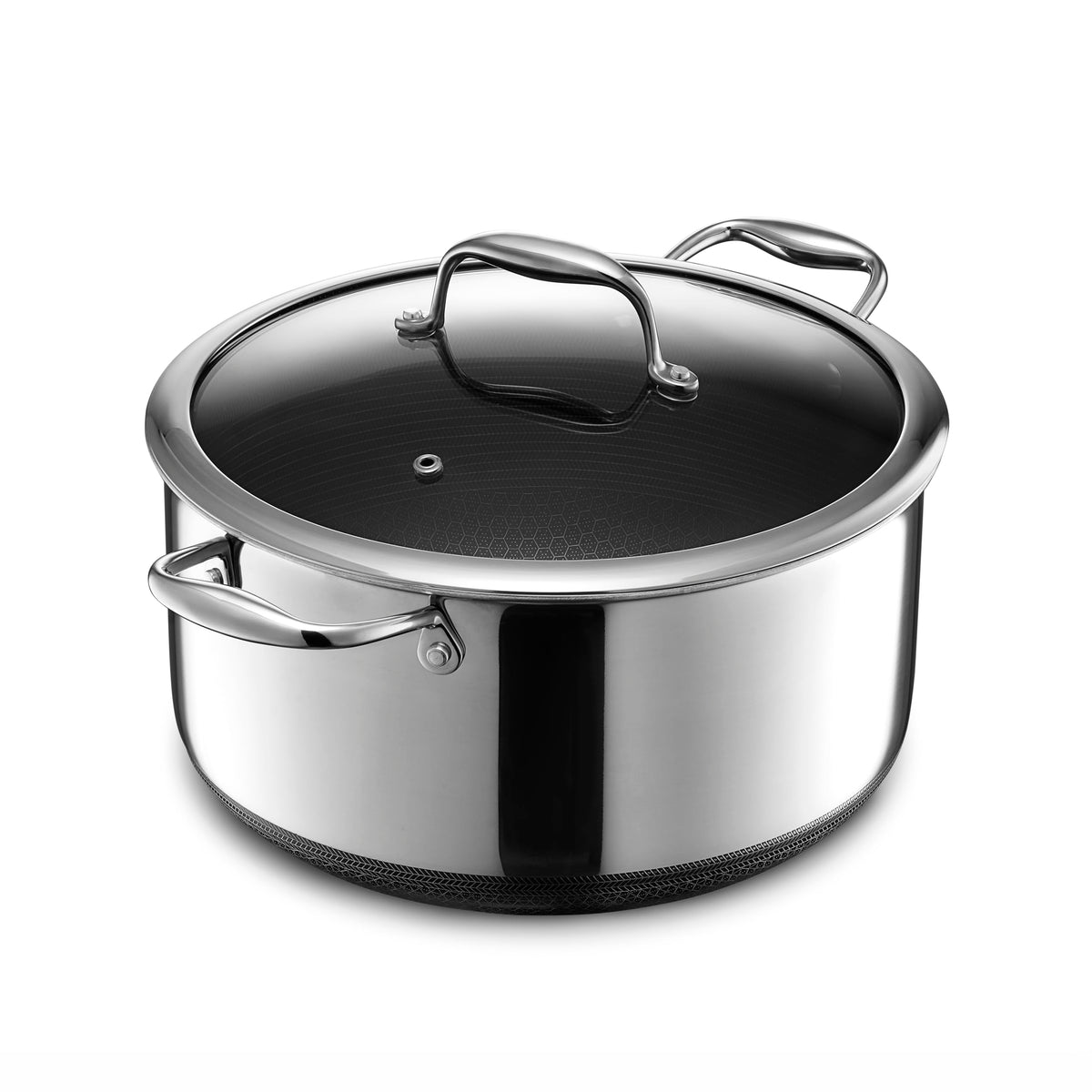 HexClad front view of 8QT pot showing shape and finish, clear performance