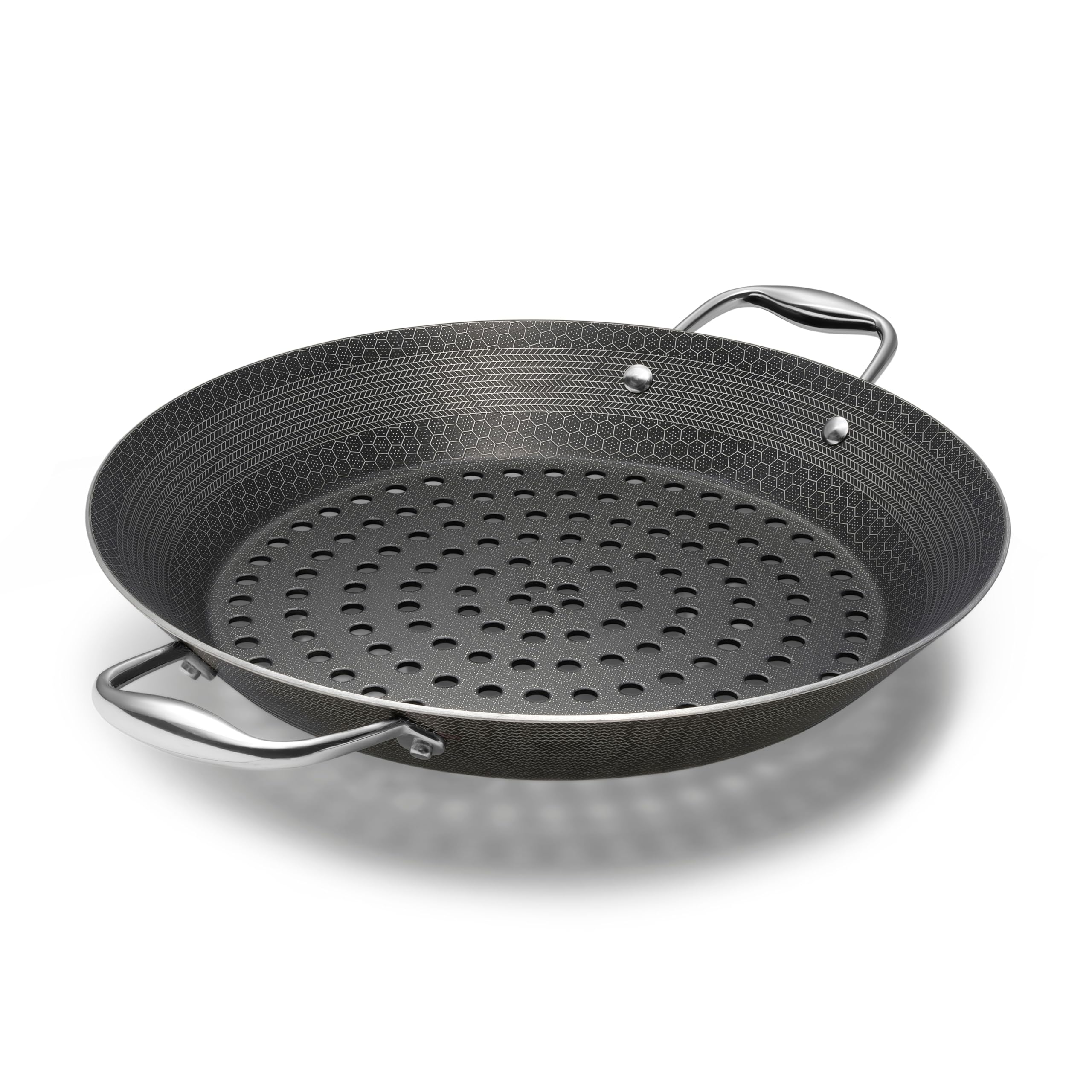 HexClad front view showing grill pan and handles, durable searing benefit