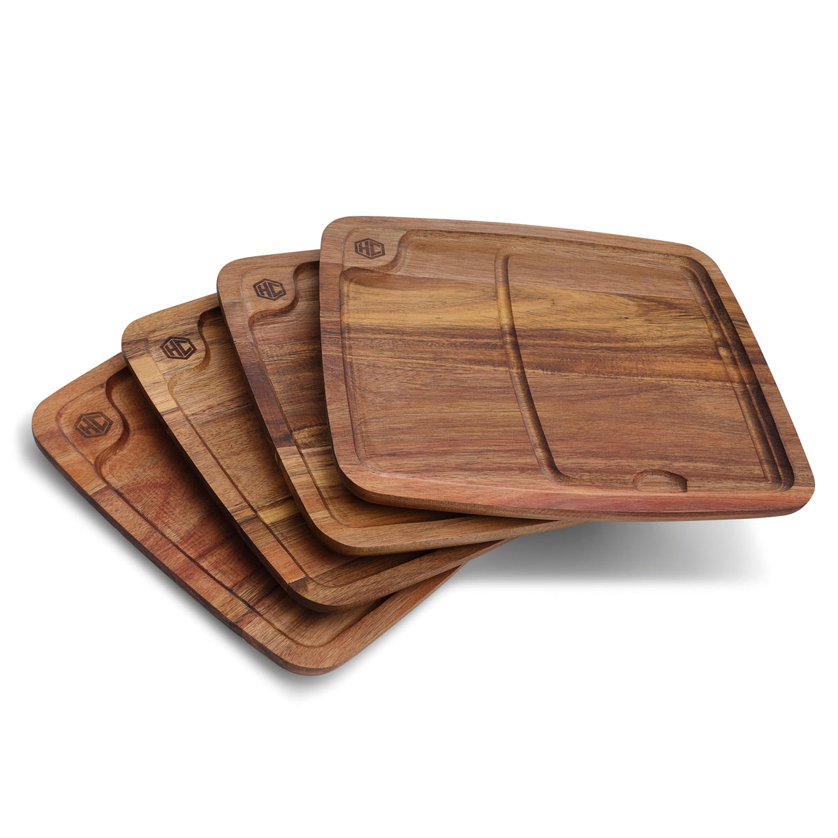 HexClad front view of four-piece Bistecca set showing rustic presentation benefit