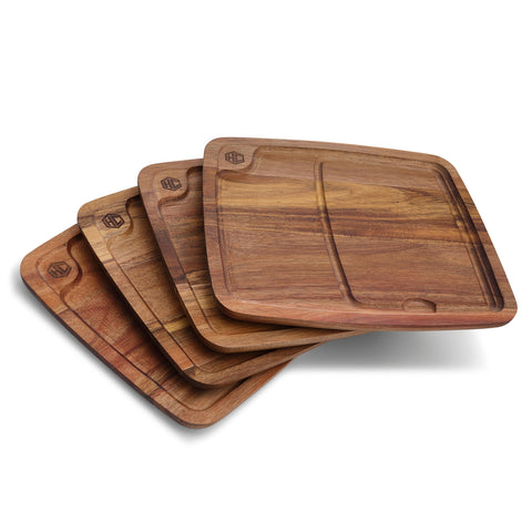 HexClad front view of four-piece Bistecca set showing rustic presentation benefit