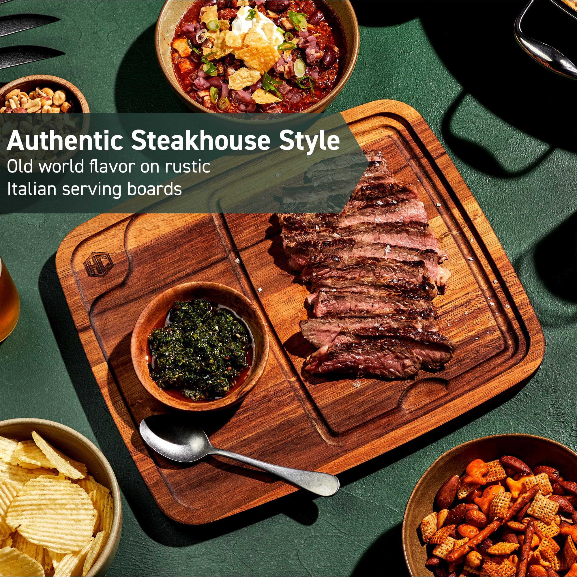HexClad Bistecca board in use with steak and sides highlighting organized plating