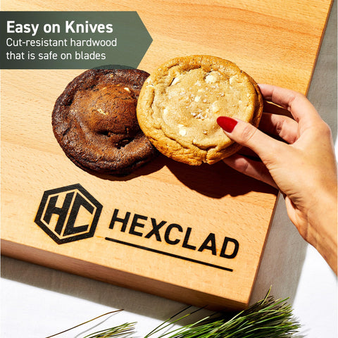 HexClad cutting board in use chopping vegetables, stable heavy-duty prep surface