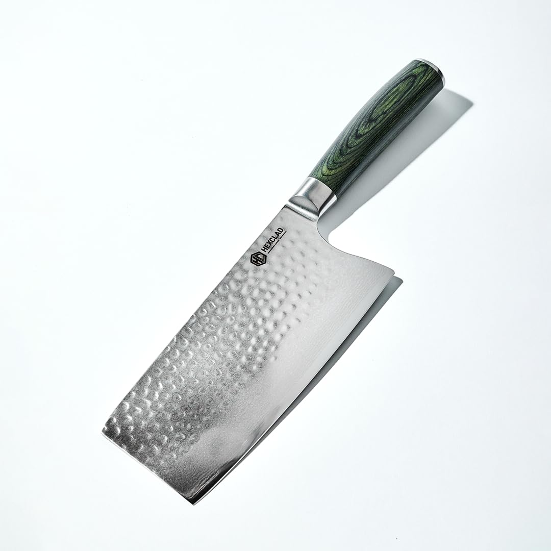 HexClad cleaver front view showing blade profile and balance benefit
