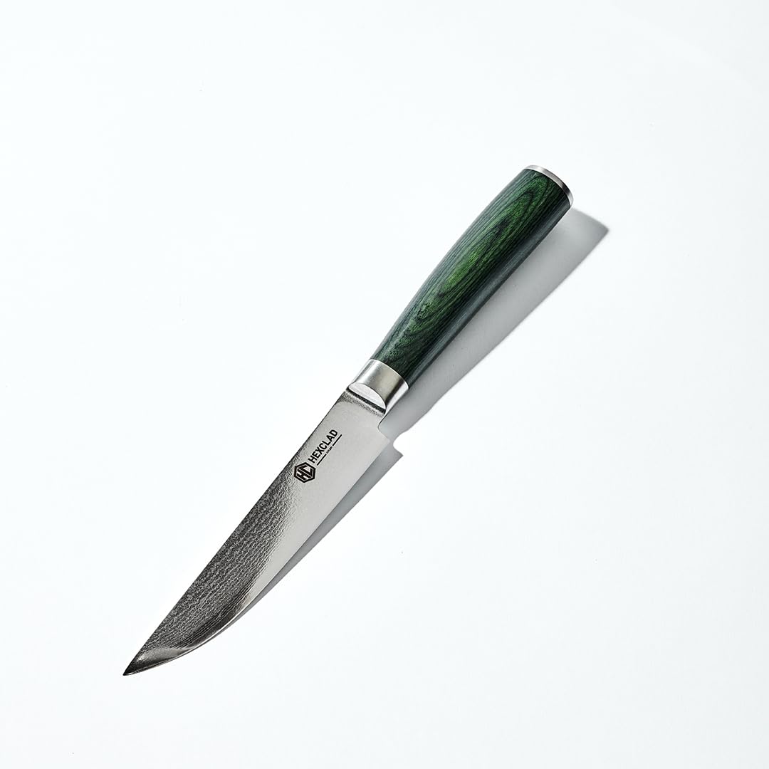 HexClad close-up of Damascus patterned blade highlighting durable sharpness benefit