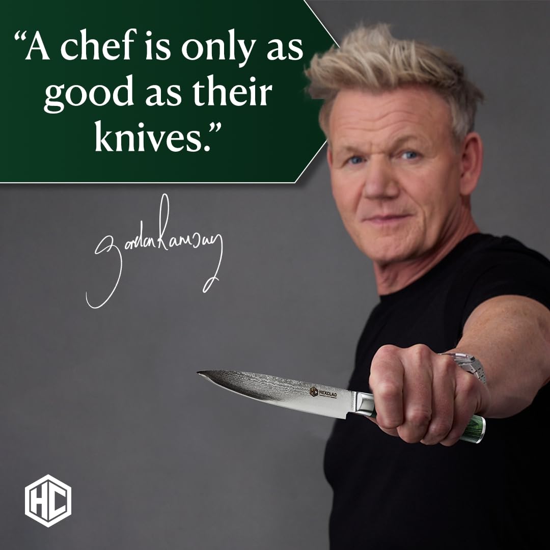HexClad Damascus blade close-up highlighting layered steel and lasting sharpness benefit