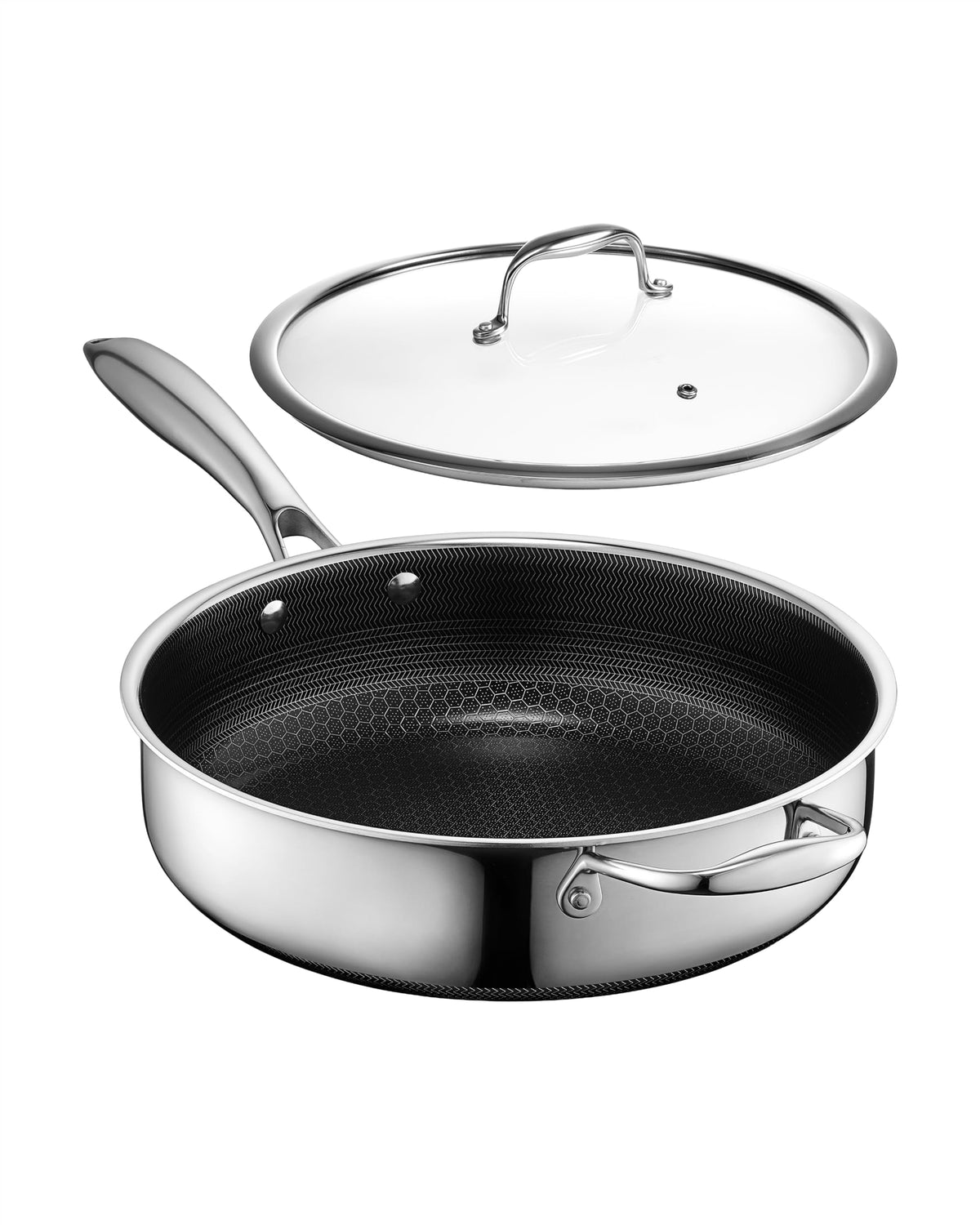 HexClad deep sauté front view showing pan and lid, durable and versatile