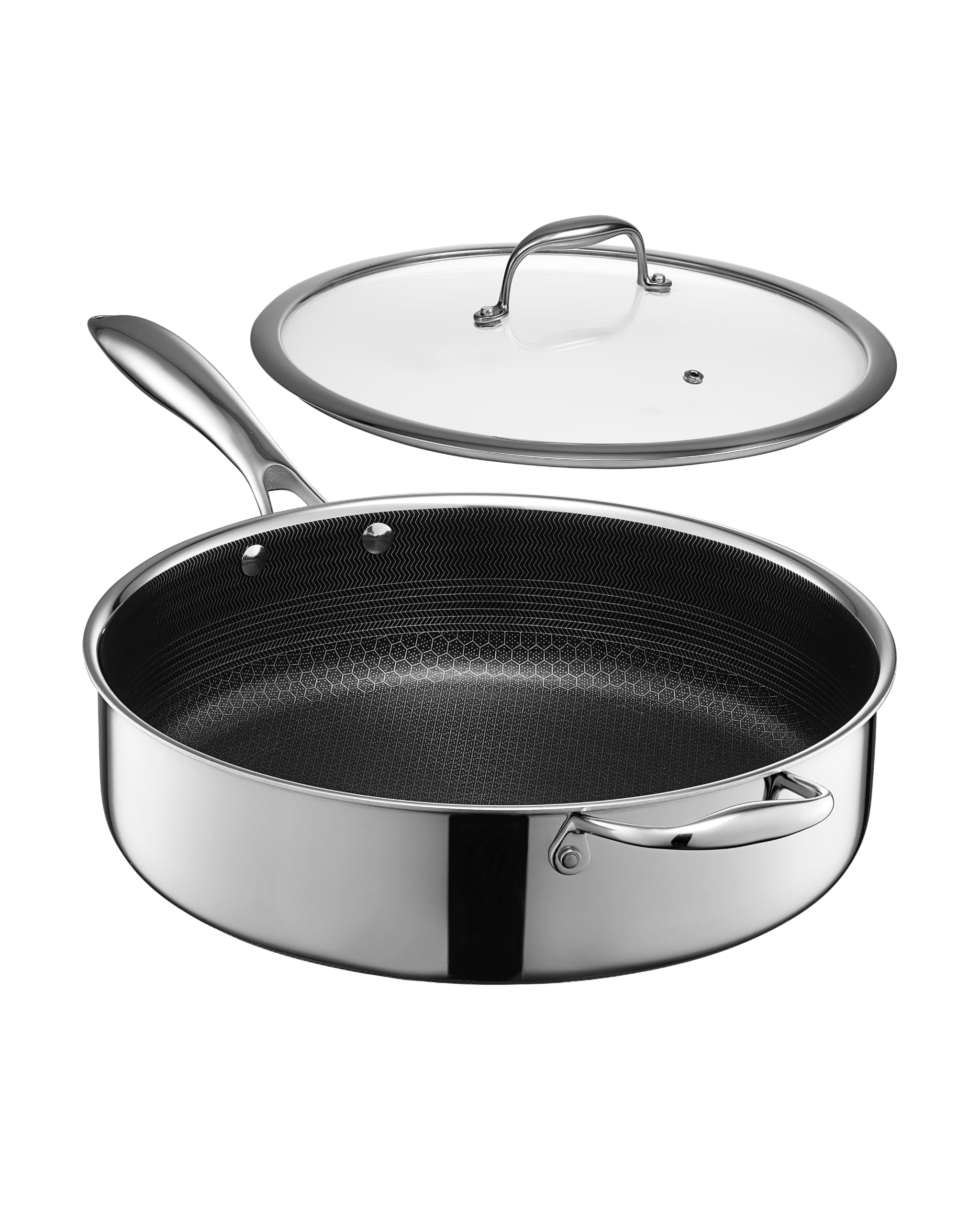 HexClad deep sauté pan front view showing hybrid finish and lid, durable professional result