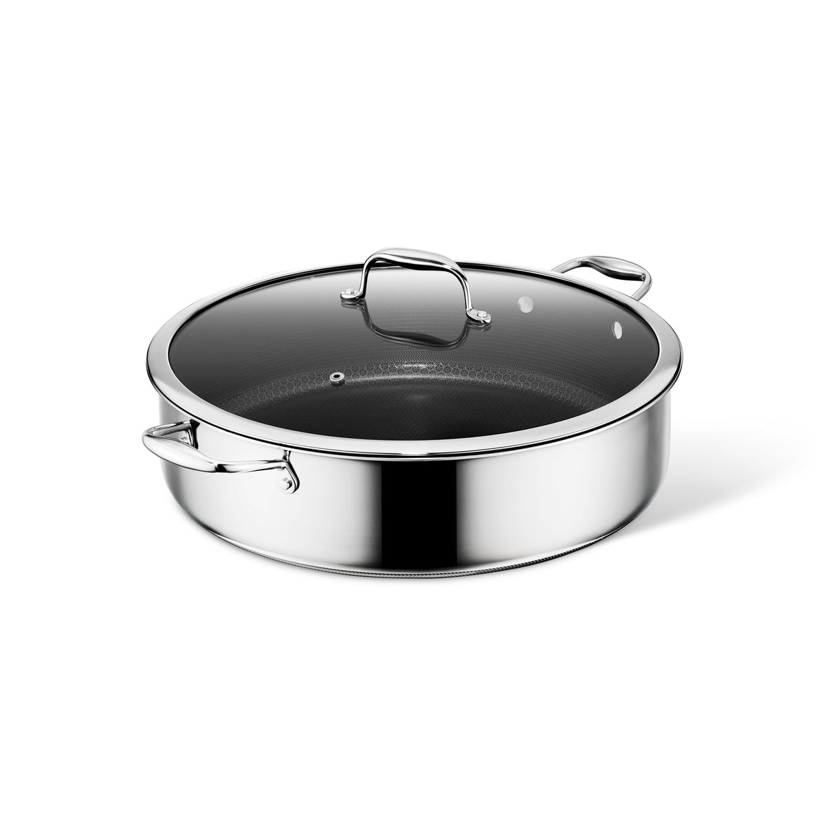 HexClad deep sauté pan front view showing wide base and tall sides for large meals