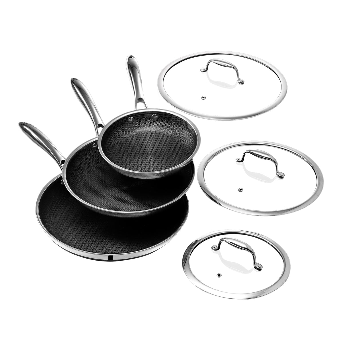 HexClad front view of three pans with lids showing full set advantages
