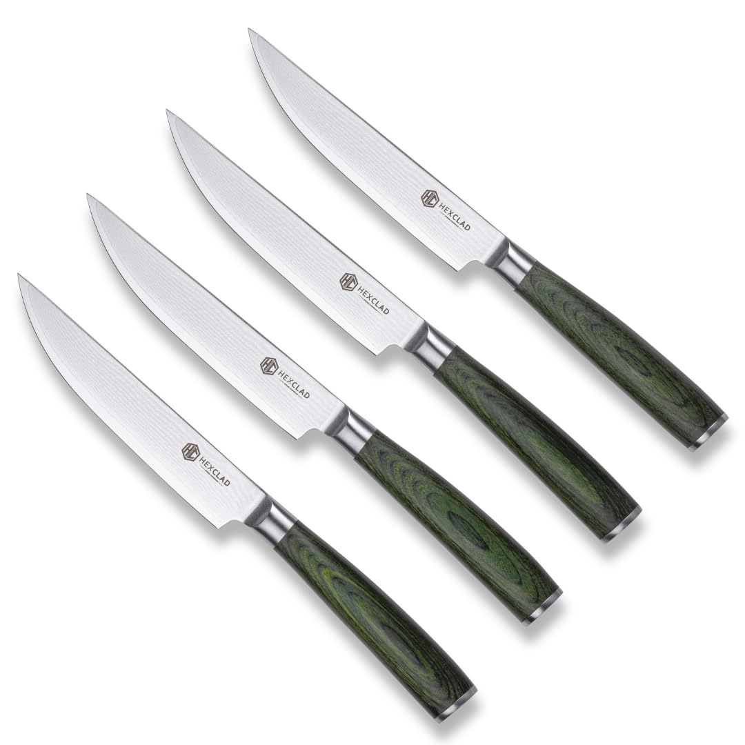 HexClad front view of four green-handled steak knives showing elegant profile and balance