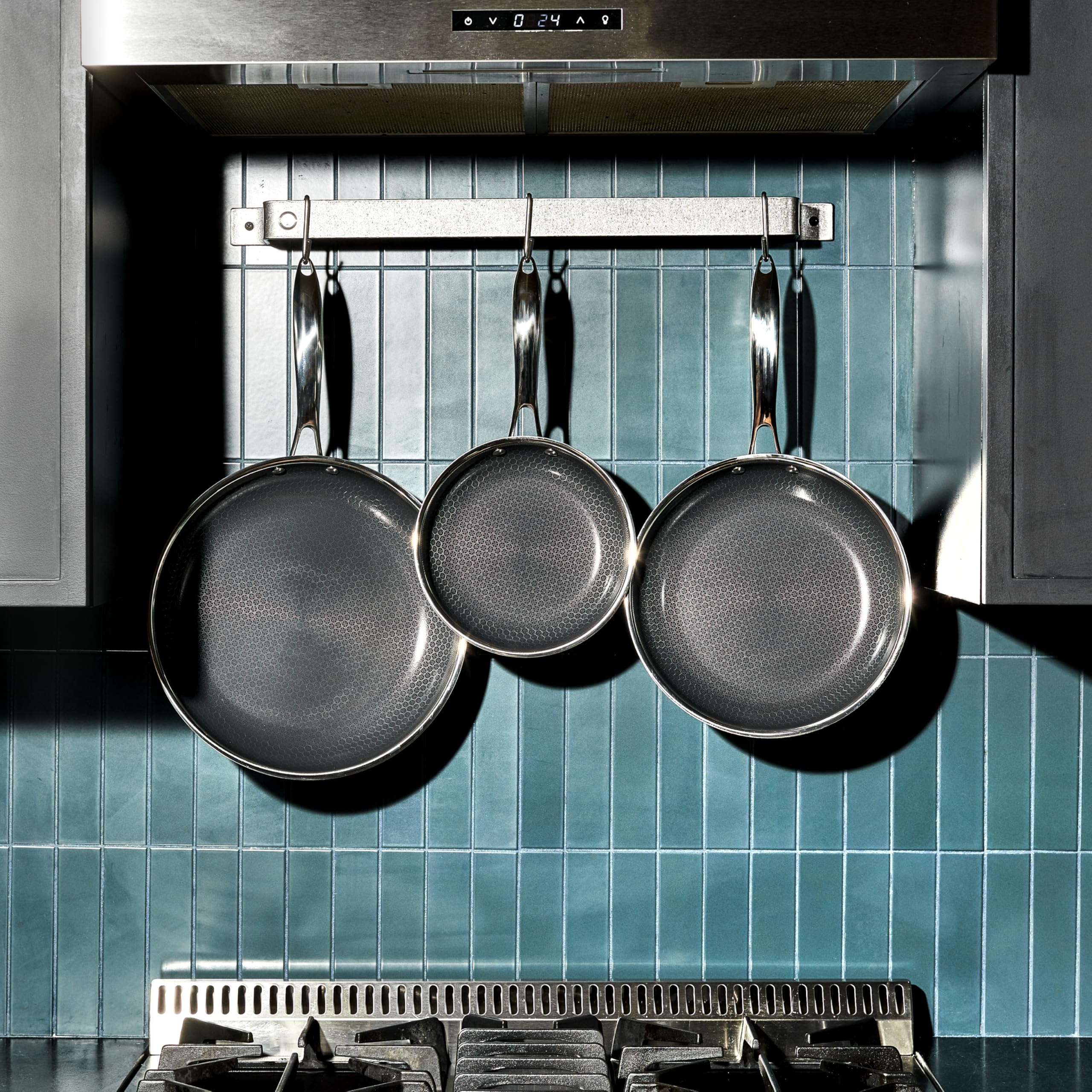 HexClad hex-pattern close-up highlighting durable nonstick surface benefit