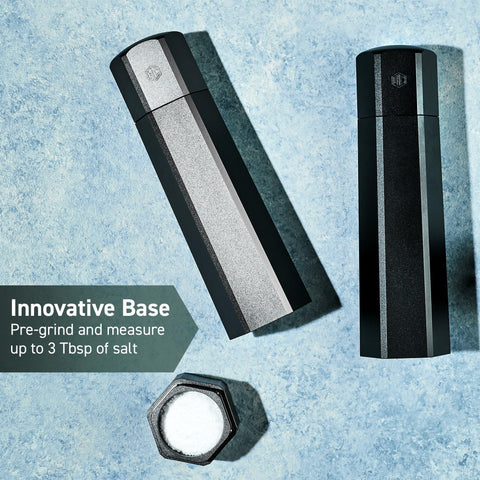 HexClad HexMill bottom no-mess cap visible to prevent countertop salt spills