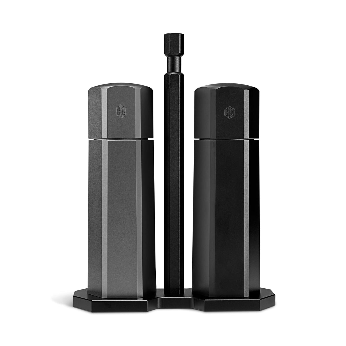 HexClad HexMill front view showing sleek aluminum mills and caddy for elegant presentation