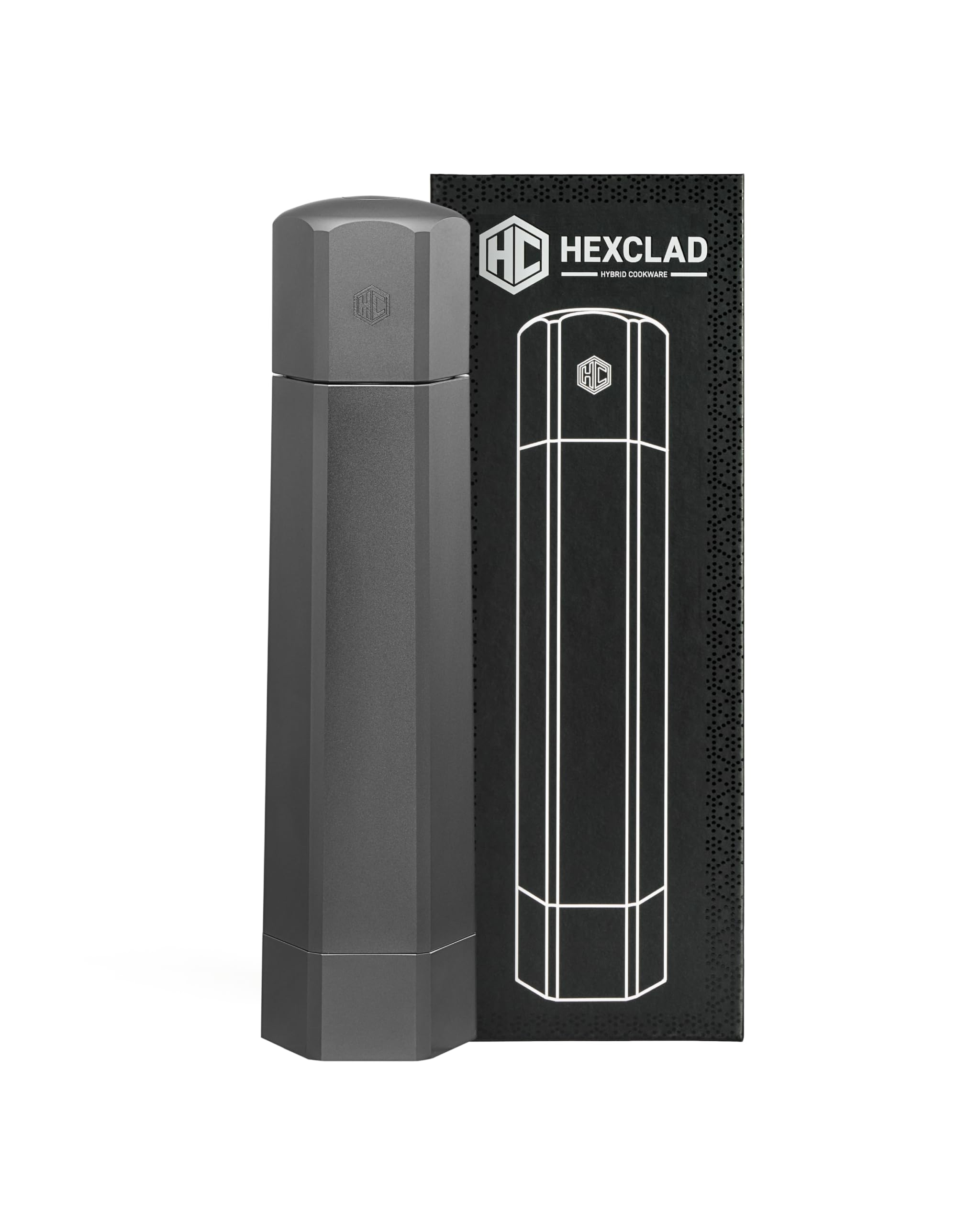 HexClad HexMill front view showing aluminum gray finish and ergonomic shape for durability